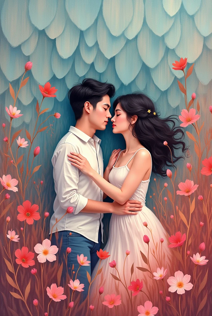 painting romantic couple lying on a meadow with spring flowers,! the painting has the meadow with brushstrokes with a pattern composed of overlapping scales in pastel colors, which go from blue in the upper part through shades of purple to red in the lower part.
