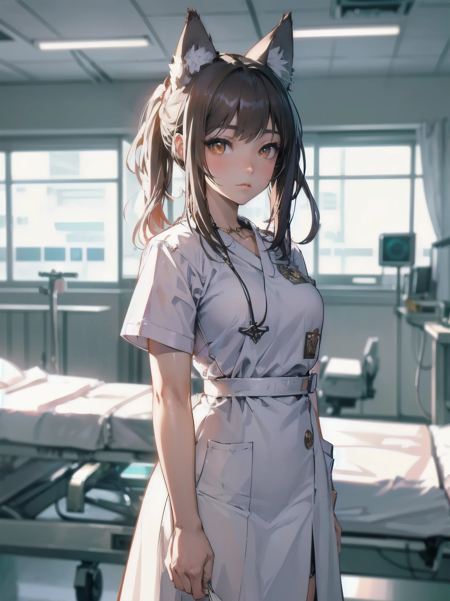 masterpiece, (textured skin), best quality, gorgeous beautiful, (a beautiful girl,wolf ears),detailed clothes,large breasts,narrow waist,, (beautiful face), cinematic lighting, (fantasy anime art ),