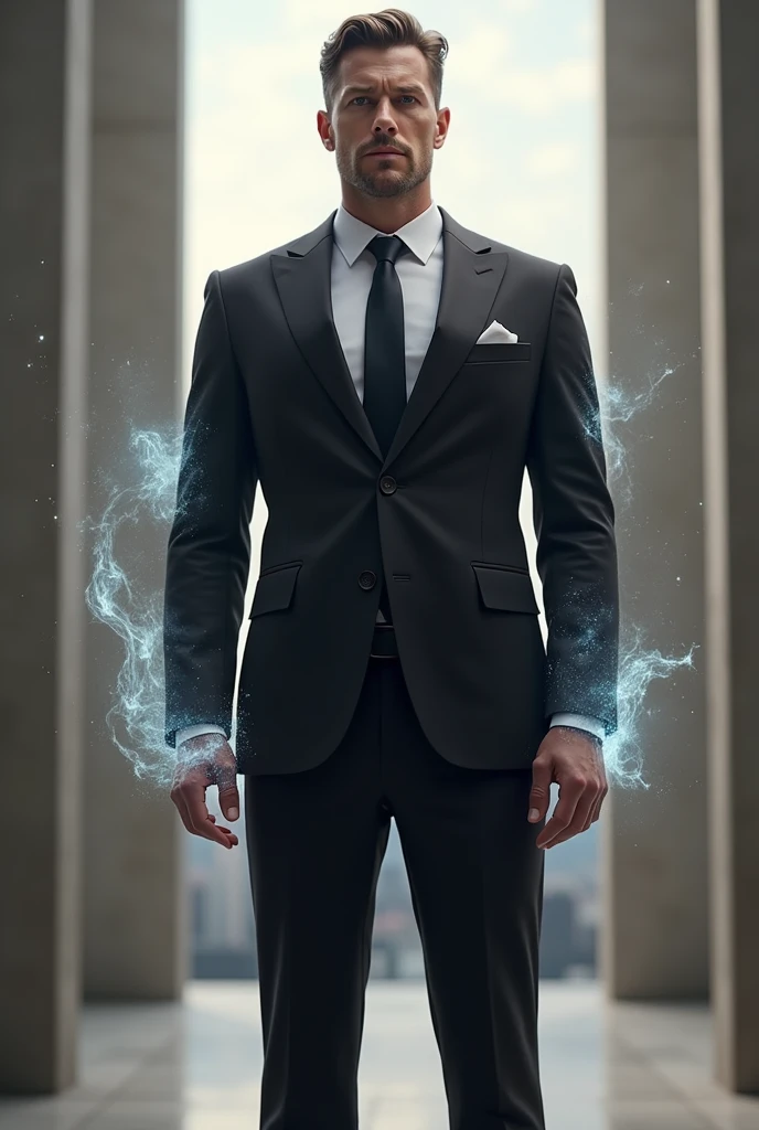 If man holding superpower make him gentle he wearing a suit