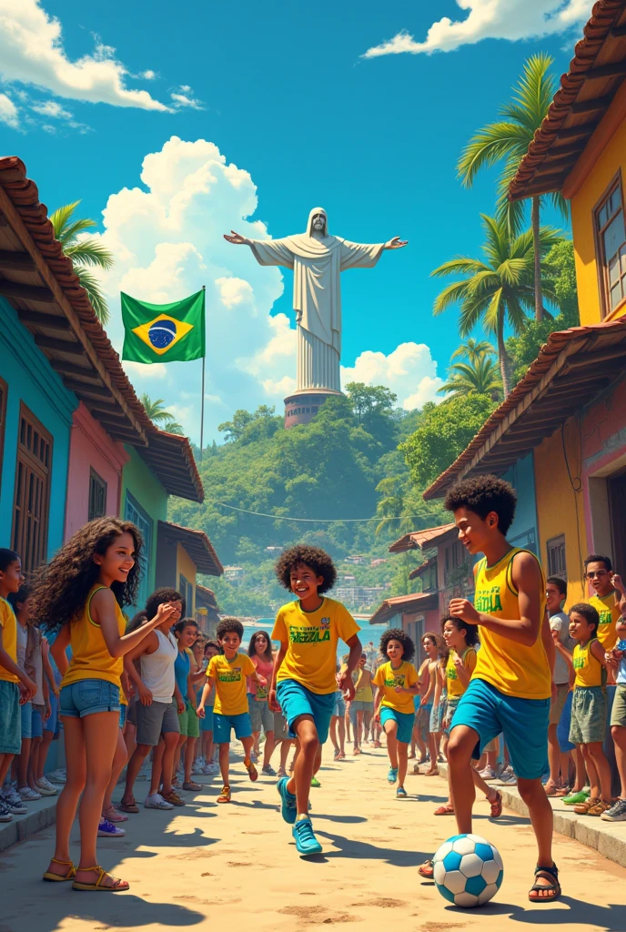 Image with Christ the Redeemer, favelas, blue movie river, Neymar, Brazil's flag, girl, playa, soccer ball without human, mural