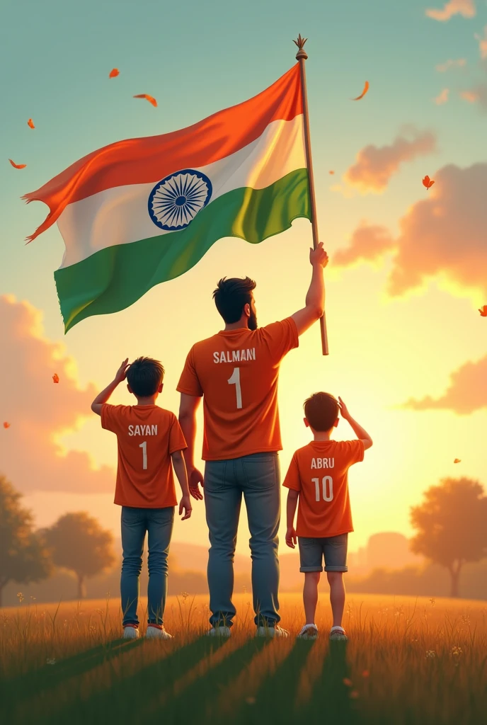 4-5 little cute kids . They hold indian flag on hand. they wear indian Jersey and name INDIA on it.
Indian map in lighter form in orange color in the background. And behind them 4-5 Indian soldiers are standing with Indian flag in their hands. All the characters are Indians.