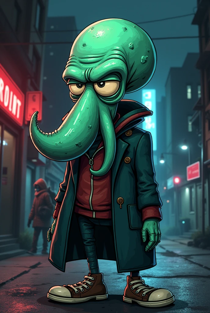 Squidward from Spongebob but a cartoonized drug dealer and more faithful., more gangster, more drug dealer and gangster, more trafficker and less gangster,more squidward drug dealer 