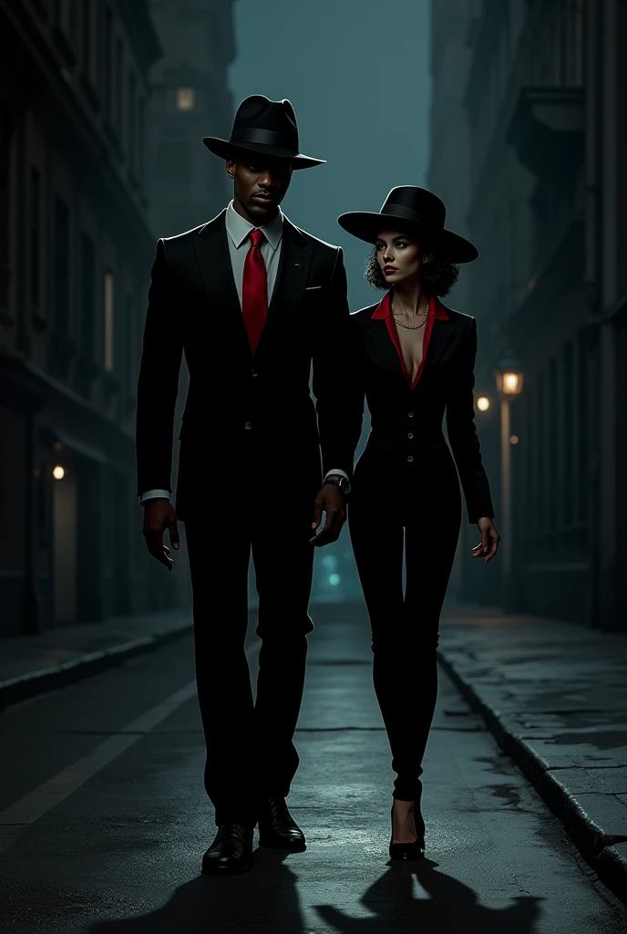 Create a black man in a black suit and hat with a red tie, from beside, make a woman in a black suit with red details and a hat. Do both in a dark street, at night. The image needs to evoke mystery.