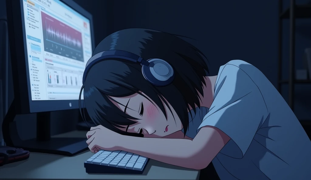 Sleeping face down on the computer desk,Music editing screen,White keyboard,headphone,Girl,19 years old,Bluish black hair,Dark Room,Inside the room,Heavy round bob hair,Plain white T-shirt,Anime Style, Shooting from an oblique angle,High resolution, Anti-aliasing