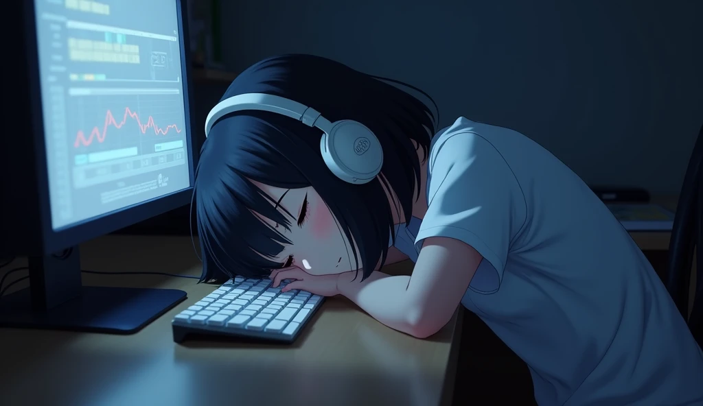 Sleeping face down on the computer desk,Music editing screen,White keyboard,headphone,Girl,19 years old,Bluish black hair,Dark Room,Inside the room,Heavy round bob hair,Plain white T-shirt,Anime Style, Shooting from an oblique angle,High resolution, Anti-aliasing