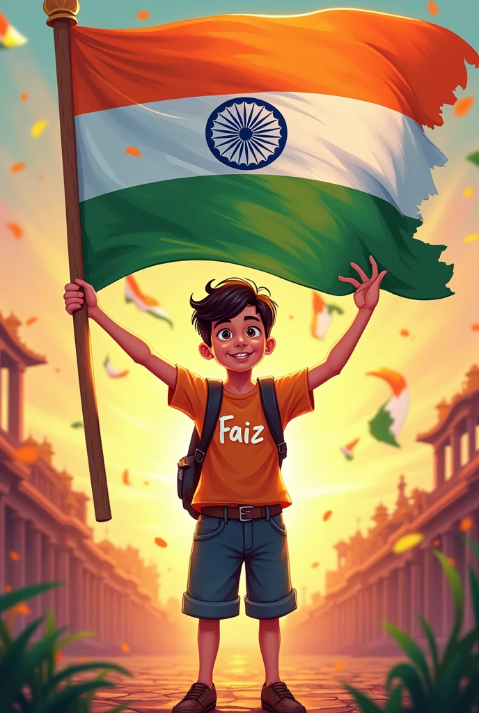 Creat A Image Of Boy Faiz written on him Holding Indian flag for independence day