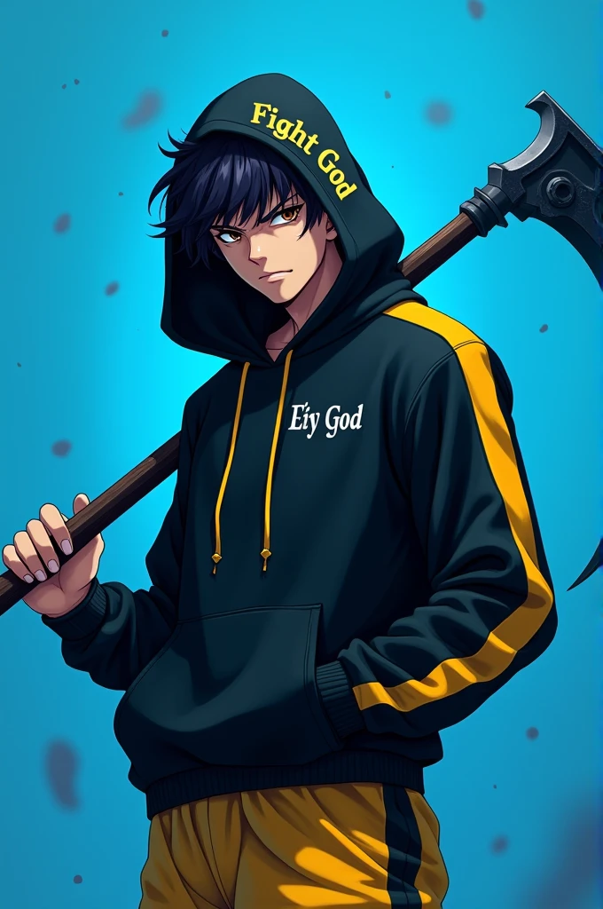 naughty man,smooth face like anime,menacing look,Black and yellow hooded sweatshirt,Black and yellow jogger pants,Scythe in the back,Fight God written on the hood,blue background.