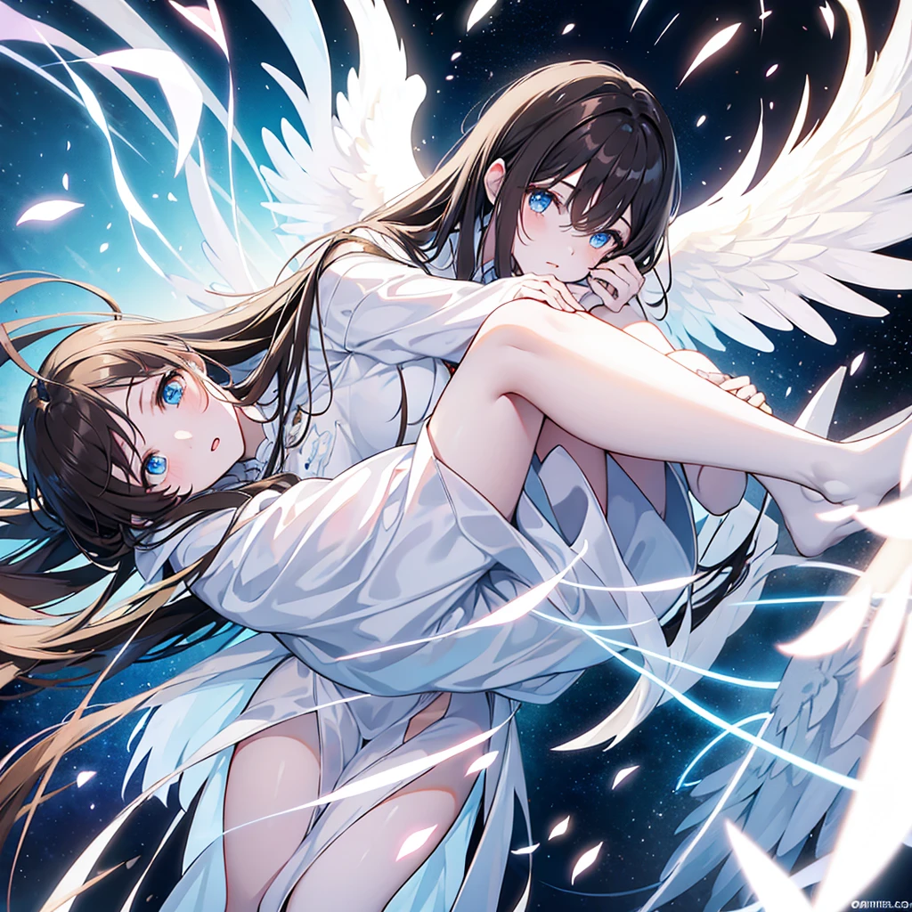 Female angel with big white wings, long straight dark brown hair, sky blue eyes wearing light white dress, face zoom