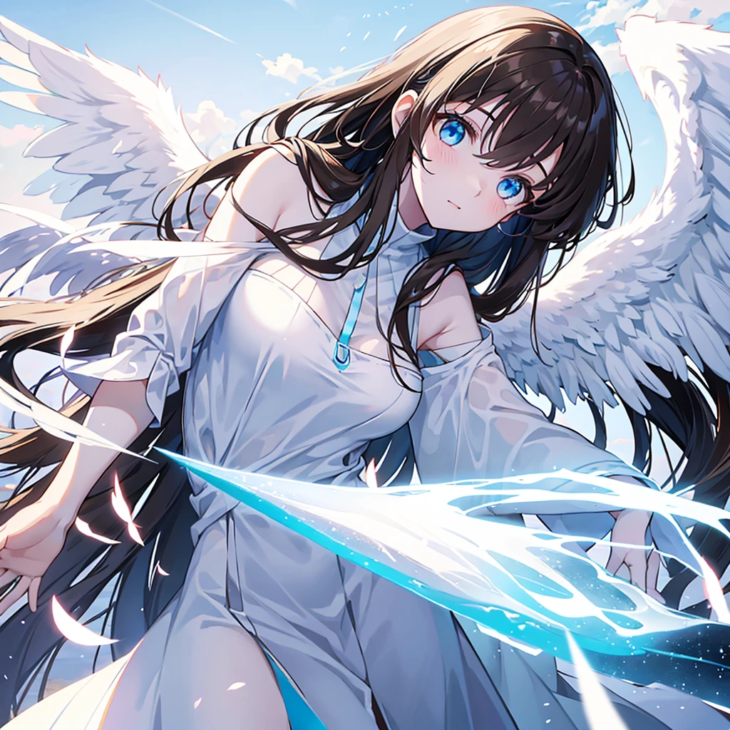 Female angel with big white wings, long straight dark brown hair, sky blue eyes wearing light white dress, face zoom