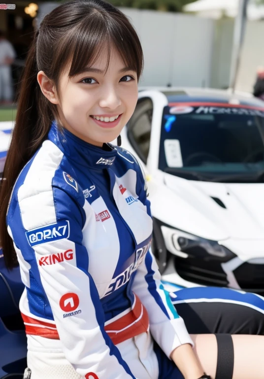 (masterpiece: 1.3), (8k, Realistic, RAW Photos, Highest quality: 1.4), 20歳の美しい日本人女性のRacing Driver, Ultra Detail Face, Eye on the details, double eyelid, Sharp focus: 1.2, Beautiful woman: 1.4, Highest quality, masterpiece, Ultra-high resolution, (Realistic: 1.4), Ahegao, Shining Sweat, thin, Racing Driver, Racing Suits, Shining Sweat, thin, Serious expression, smile、On the racing circuit, ((Perfect beauty)), Slim legs,front, Mid Shot, Slim legs, Slim thighs