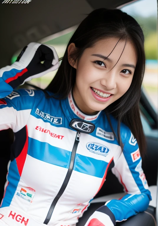 (masterpiece: 1.3), (8k, Realistic, RAW Photos, Highest quality: 1.4), 20歳の美しい日本人女性のRacing Driver, Ultra Detail Face, Eye on the details, double eyelid, Sharp focus: 1.2, Beautiful woman: 1.4, Highest quality, masterpiece, Ultra-high resolution, (Realistic: 1.4), Ahegao, Shining Sweat, thin, Racing Driver, Racing Suits, Shining Sweat, thin, Serious expression, smile、On the racing circuit, ((Perfect beauty)), Slim legs,front, Mid Shot, Slim legs, Slim thighs