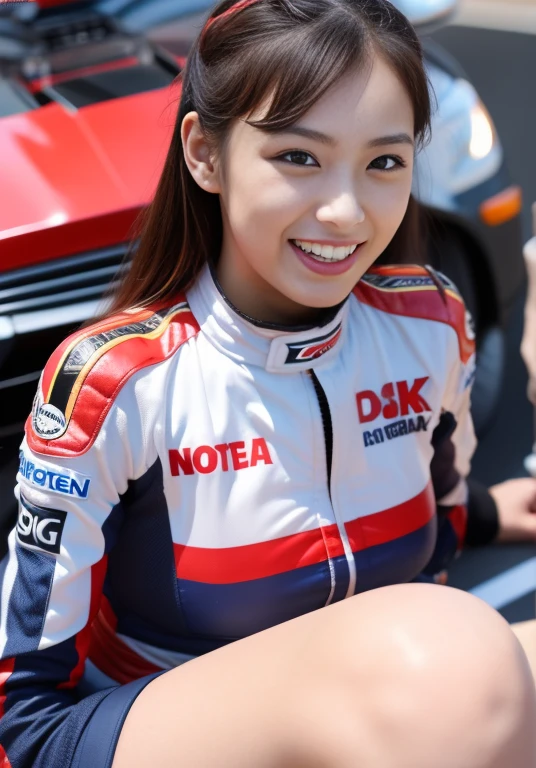 (masterpiece: 1.3), (8k, Realistic, RAW Photos, Highest quality: 1.4), 20歳の美しい日本人女性のRacing Driver, Ultra Detail Face, Eye on the details, double eyelid, Sharp focus: 1.2, Beautiful woman: 1.4, Highest quality, masterpiece, Ultra-high resolution, (Realistic: 1.4), Ahegao, Shining Sweat, thin, Racing Driver, Racing Suits, Shining Sweat, thin, Serious expression, smile、On the racing circuit, ((Perfect beauty)), Slim legs,front, Mid Shot, Slim legs, Slim thighs