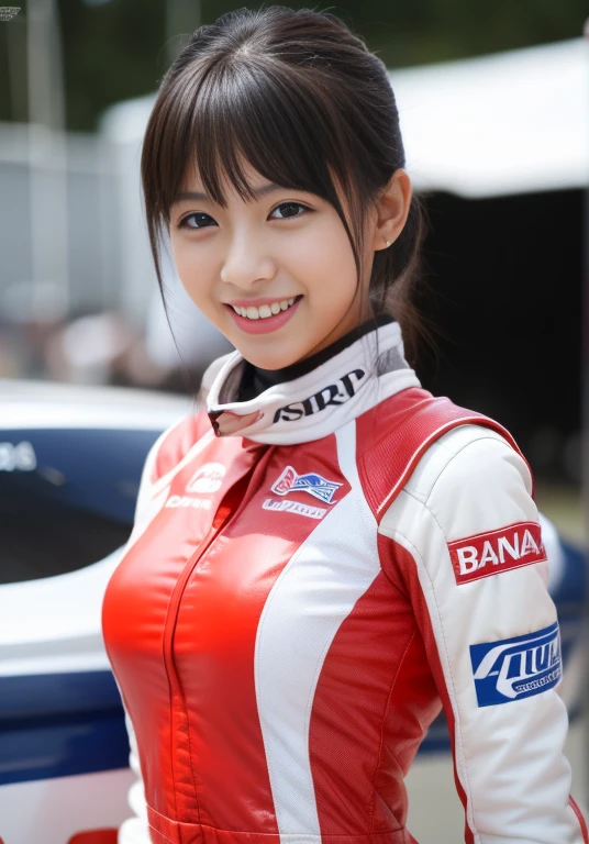 (masterpiece: 1.3), (8k, Realistic, RAW Photos, Highest quality: 1.4), 20歳の美しい日本人女性のRacing Driver, Ultra Detail Face, Eye on the details, double eyelid, Sharp focus: 1.2, Beautiful woman: 1.4, Highest quality, masterpiece, Ultra-high resolution, (Realistic: 1.4), Ahegao, Shining Sweat, thin, Racing Driver, Racing Suits, Shining Sweat, thin, Serious expression, smile、On the racing circuit, ((Perfect beauty)), Slim legs,front, Mid Shot, Slim legs, Slim thighs