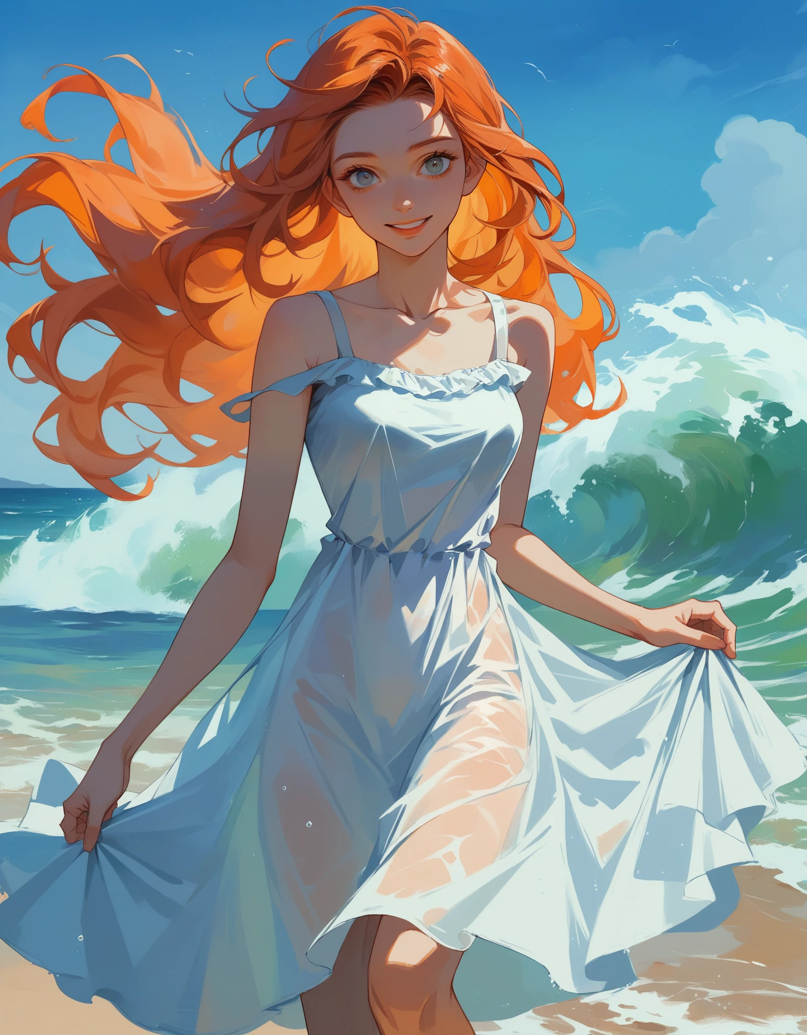 (masterpiece, best quality), ((1girl, solo, long hair)), Ishmael_limbus, innocence expression, bare arms, bare shoulders, bare neck, watercolor, sundress, liquid clothes, water, waves, water dress, blue_theme, night, mist, dark, sharp focus, sea, see-through dress, orange hair, Smile ☺ 