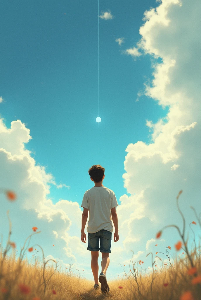 A walking young man he wondering and Looking athe sky and see a imaginary World. Back side of boy
