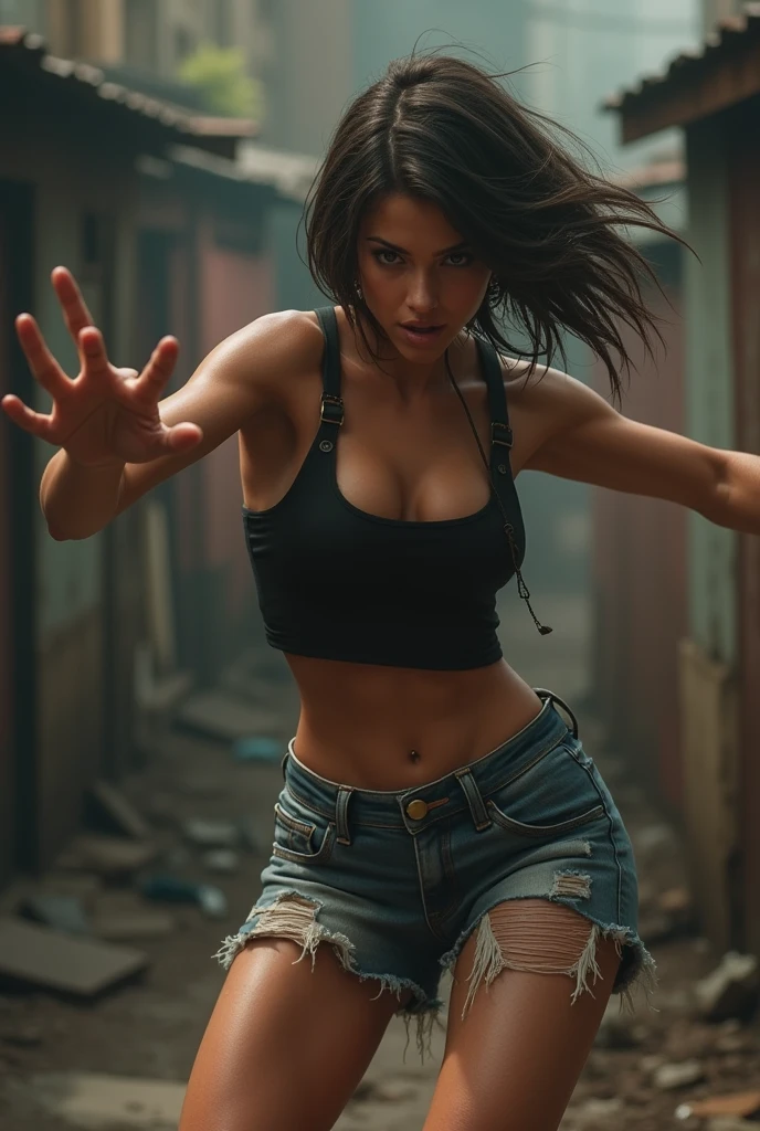 Distressed denim shorts, Black Tank Top, Fistfight, female, 