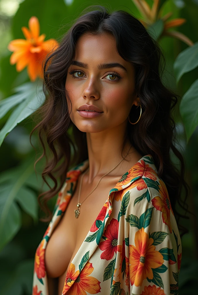 A Brazilian woman in a lush tropical garden, wearing an open shirt with a floral print, with a close-up capturing the harmonious beauty between her breasts and the natural flowers, showing off your natural charm and outgoing personality.