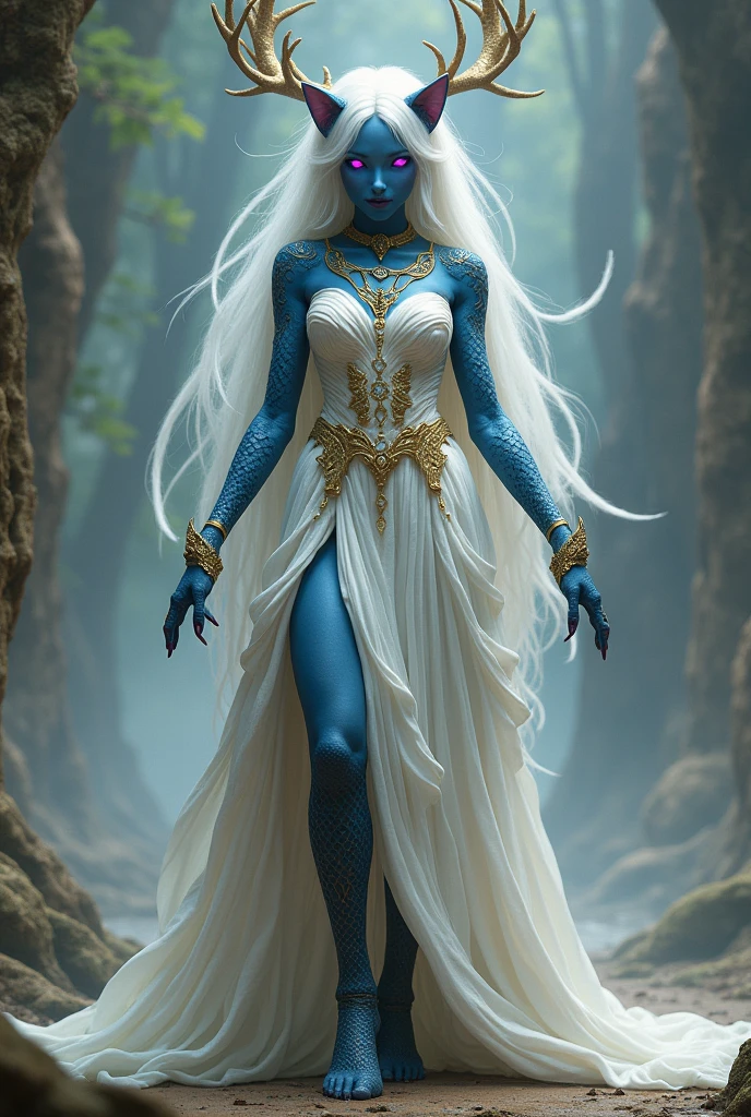 A woman with antler. She has long white hair. Her skin is blue. Purple cat eyes. White and gold dress. Scaled arms. Her feet look like horse hooves. She is tall and strong.