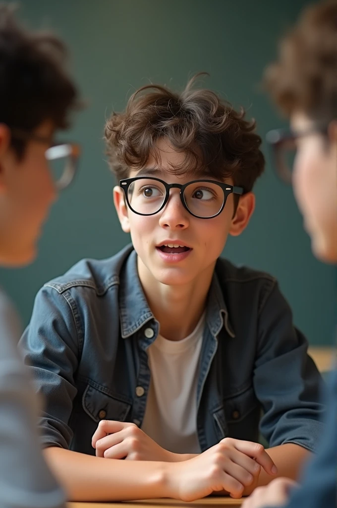 A one minute video of 18 years old boy with spectacles sat behind the table and talking with his mouth