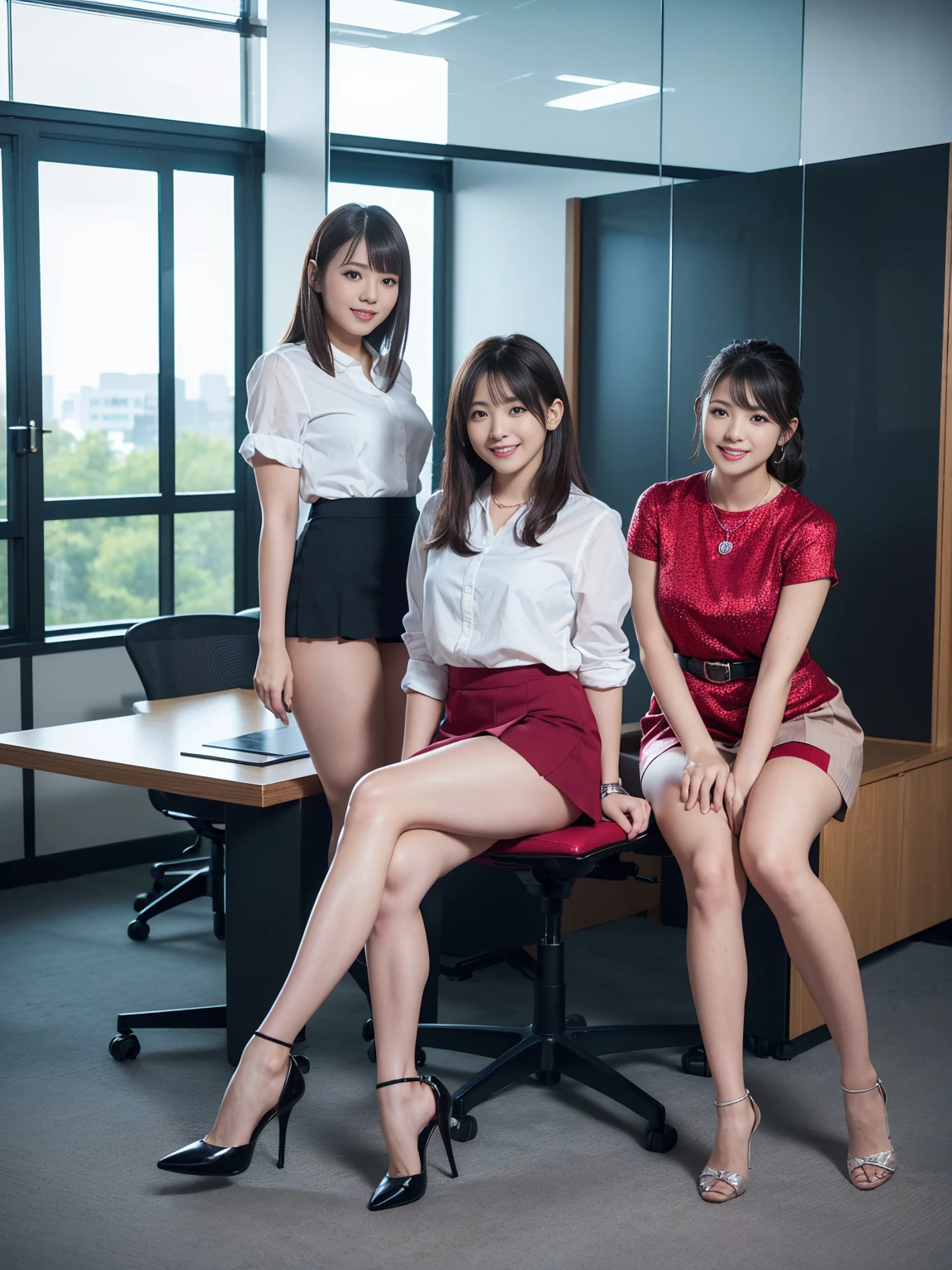 (Highest quality, masterpiece, Photorealistic, Super detailed, Ultra-high resolution, born:1.3), (Three people:1.3), beautiful, Japanese, mature, 28 years old, office workers, (Short skirt),(stockings),(smile), (bangs), high waist, necklace, (office, indoor, Glass Room), (Long legs, High heels, whole body:1.2), (crowd)