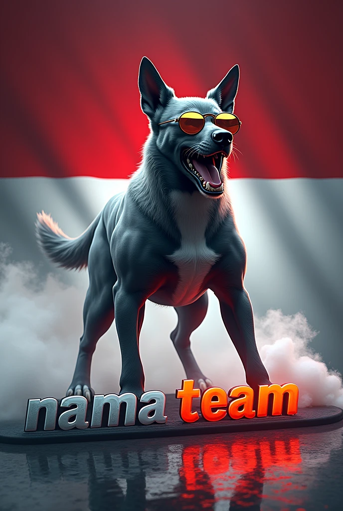 Logo text "nama team"grey white black malinois mix greyhound muscular, standing roaring, black legs, wearing cool glasses standing, grey white body color, futuristic and dynamic design. The dog has a bepita in the reflection. The text red yellow color 'nama team" is written on the object that is emitting smoke. silver and red yellow black hologram emblem, The indonesia flag background