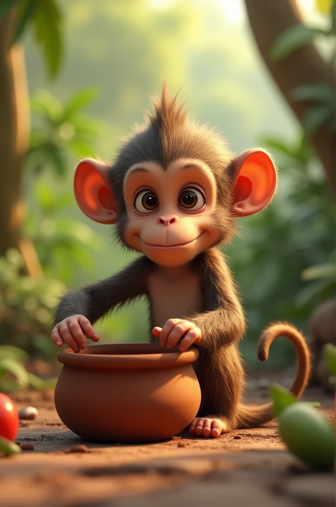 In cinematic 3d cartoon style 'Monkey Realizing Its Mistake**
   - The monkey finally pulling its hands out of the pot, looking thoughtful and reflecting on its mistake. The pot is now empty, and the monkey is sitting near it with a lesson