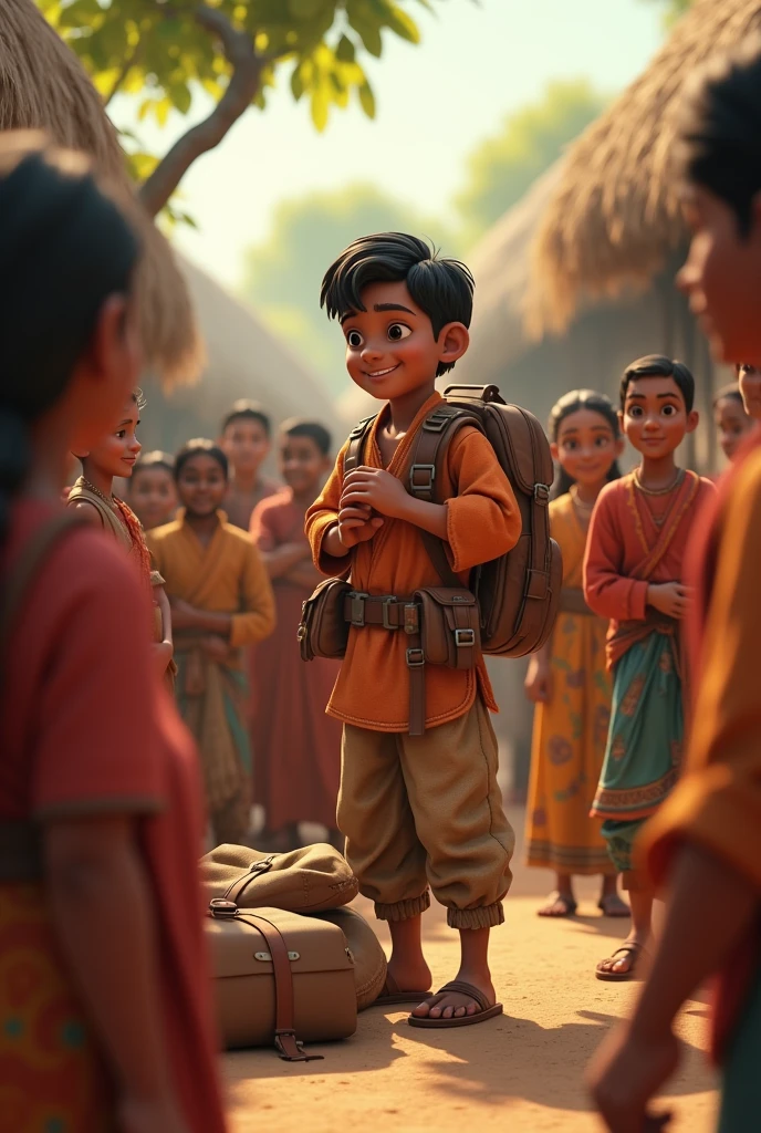 In Cinematic 3D animation style"Arjun preparing for his journey, packing essentials while villagers bless him