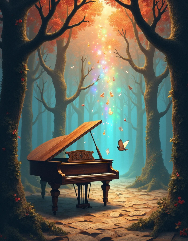 Imagine a visually stunning dreamscape dedicated to the theme of music. In the center, an old, ornate grand piano with ivory keys sits under a soft glow. Above it, a cascade of vibrant musical notes, instruments like guitars, violins, and saxophones, appear magically suspended in the air. Ethereal beams of light pierce through this melodic shower, reflecting a spectrum of colors. The scene is framed by whimsical trees whose branches transform into music staff. The ground is carpeted by sheets of old music scores gently wafting on an unseen wind.