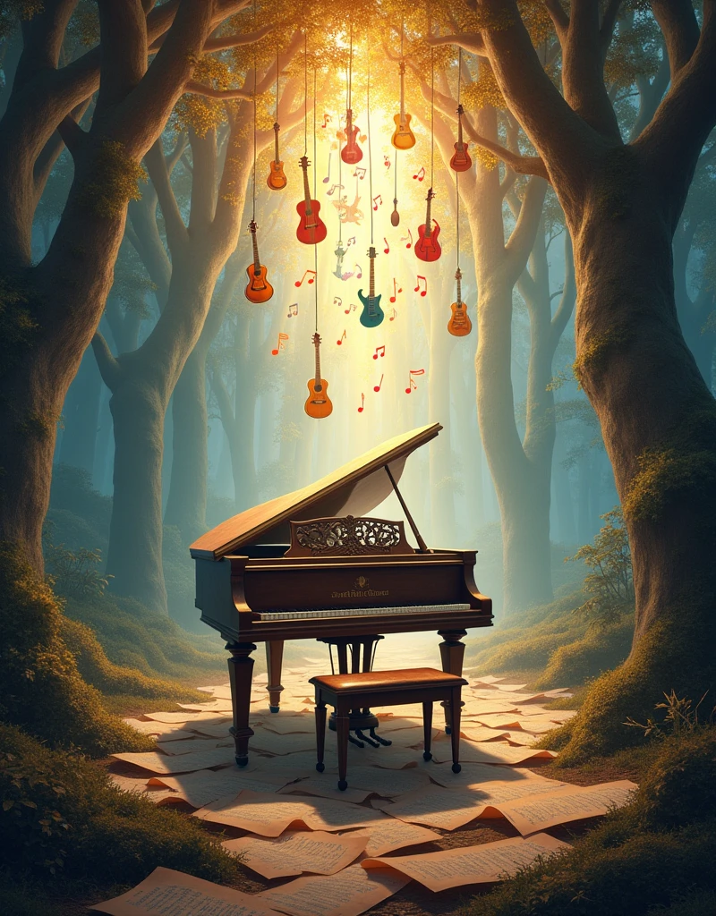Imagine a visually stunning dreamscape dedicated to the theme of music. In the center, an old, ornate grand piano with ivory keys sits under a soft glow. Above it, a cascade of vibrant musical notes, instruments like guitars, violins, and saxophones, appear magically suspended in the air. Ethereal beams of light pierce through this melodic shower, reflecting a spectrum of colors. The scene is framed by whimsical trees whose branches transform into music staff. The ground is carpeted by sheets of old music scores gently wafting on an unseen wind.