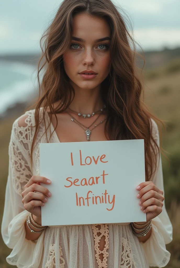 Beautiful girl with wavy long hair, bohemian dress, holding a white board with text "I Love Seaart Infinity" and showing it to the viewer
