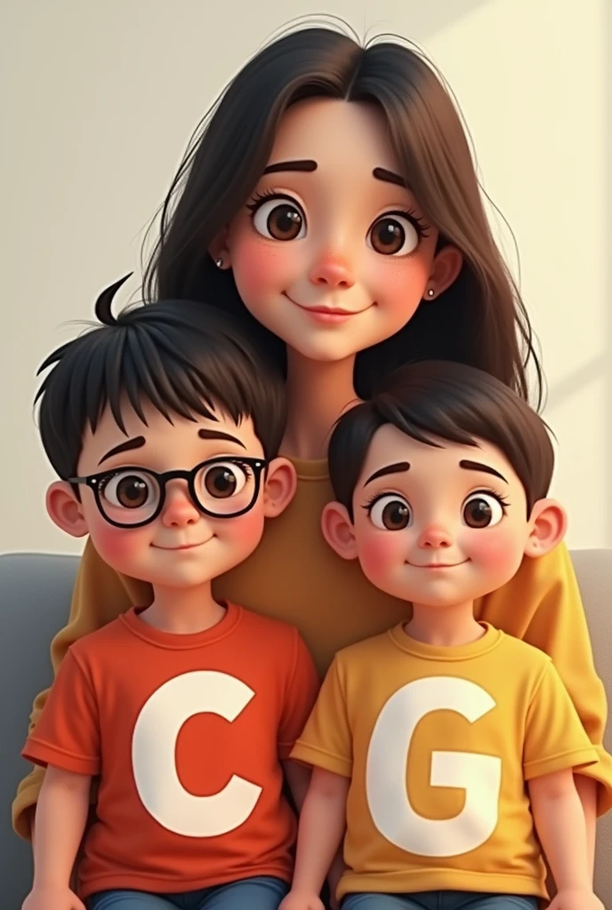 Black haired mom with the letter C on her shirt, big child with glasses, very short hair and the letter M on his shirt and the Son of three years old son with the letter G on his shirt The two children have very short hair
