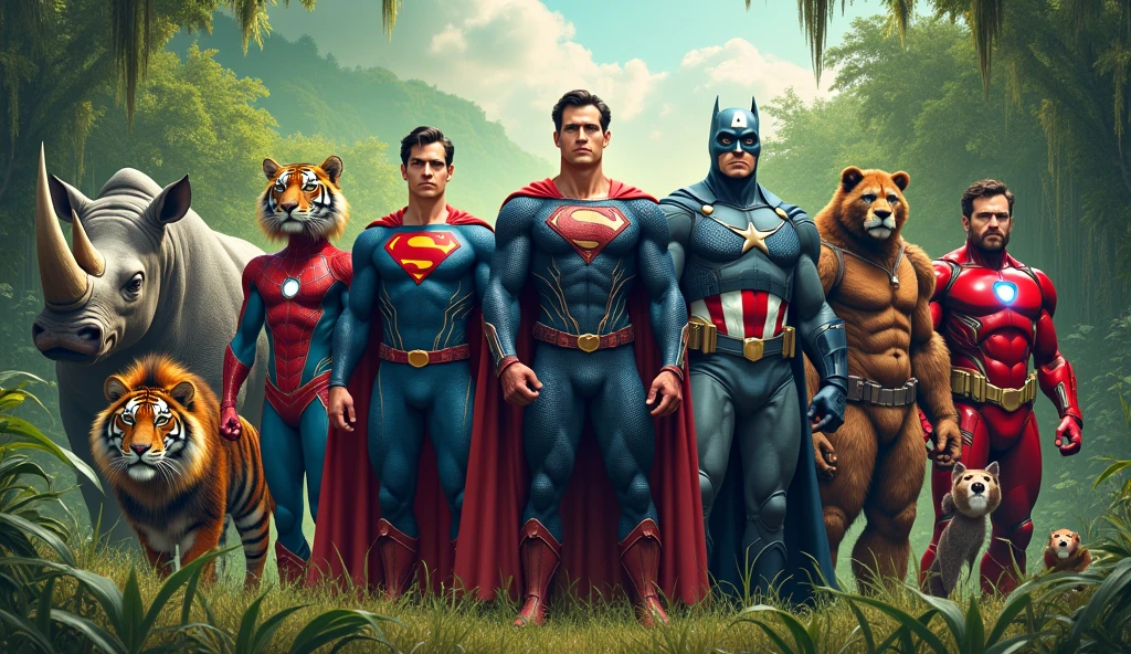 Lion, rhino, wolf, tiger, panther, panda, monkeys, gorilla and superman, spiderman, captain america, batman, ironman, thor in one landscape picture green background plants