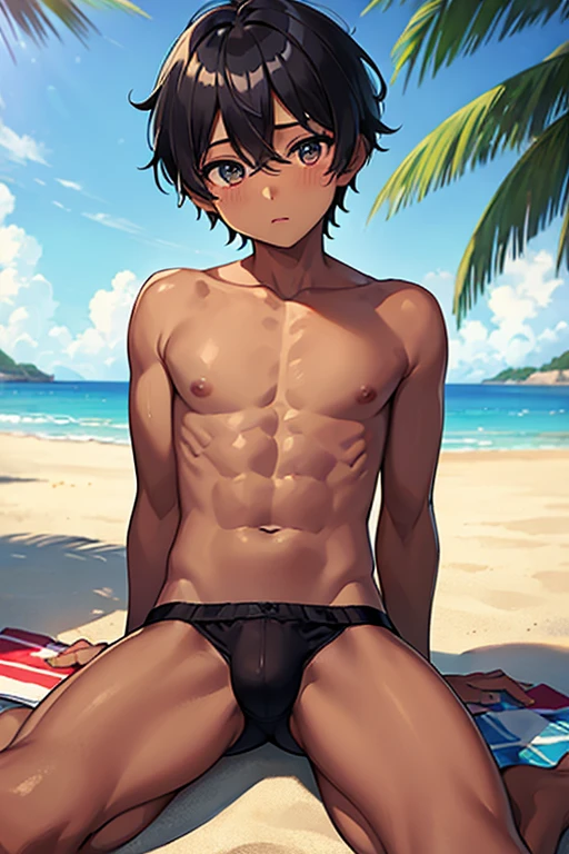 ((((masterpiece)))), high quality,  best quality, expressive eyes, perfect face,innocent,naive, masterpiece,(best quality),(colorful),(beautiful eyes),cute boy,men's bikini brief colorful underwear,shirtless,dark skin,1 boy,black hairShort hair,beach