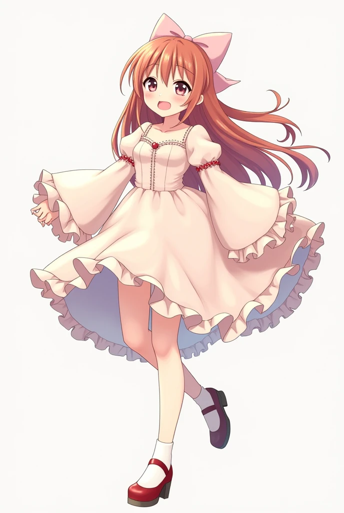 cute flowy dress with sweetheart neckline and puffy long sleeves it was short and cute her hair was open and there was a bow on the back of my head