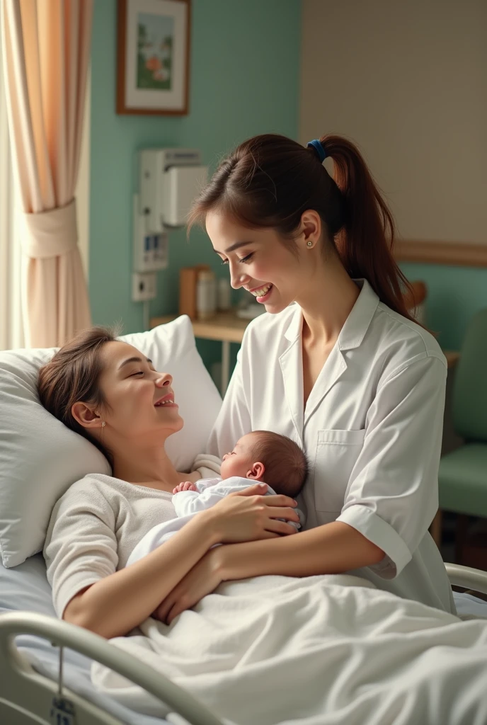 A midwifery student with new born baby and the mother