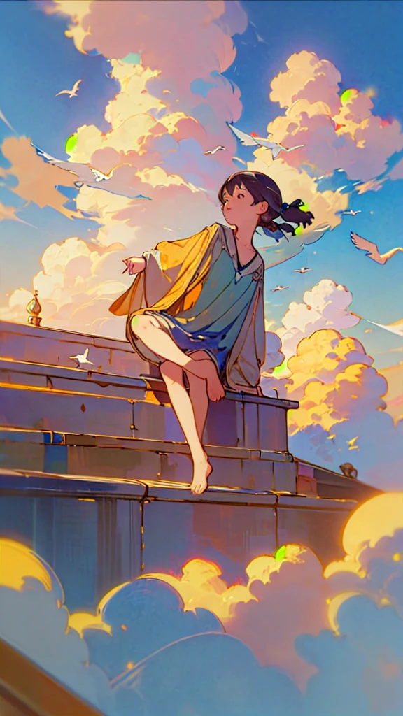 (1girl sitting on stairway to heaven), above the clouds, seas of clouds, ascending, ethereal, peaceful, graceful, innocent, hopeful, pure, dove,
post-impressionist, impressionism,