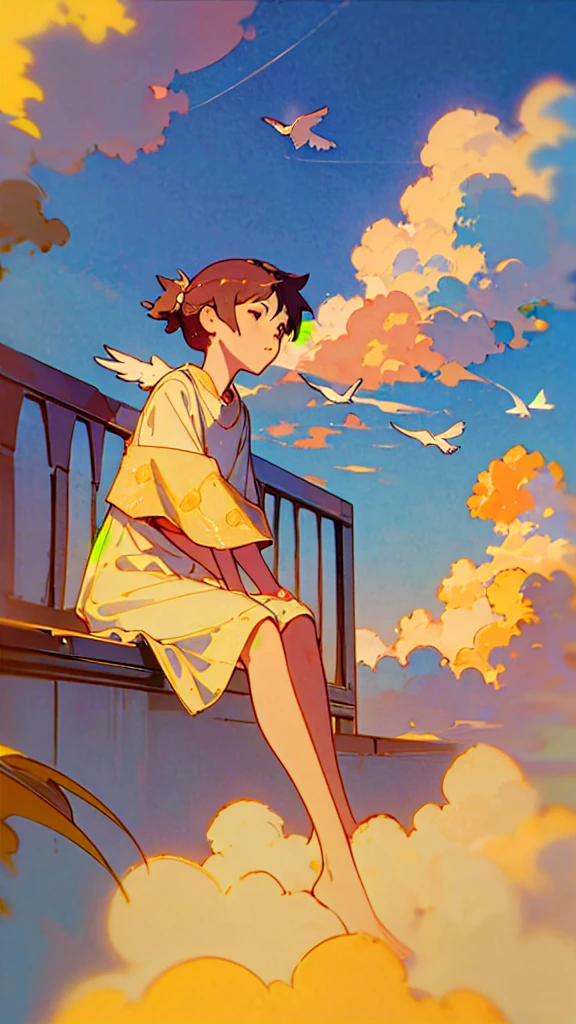 (1girl sitting on stairway to heaven), above the clouds, seas of clouds, ascending, ethereal, peaceful, graceful, innocent, hopeful, pure, dove,
post-impressionist, impressionism,