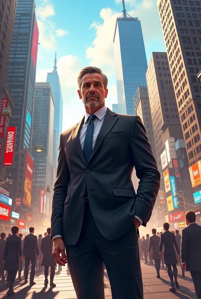 A man with lots of building and many people 