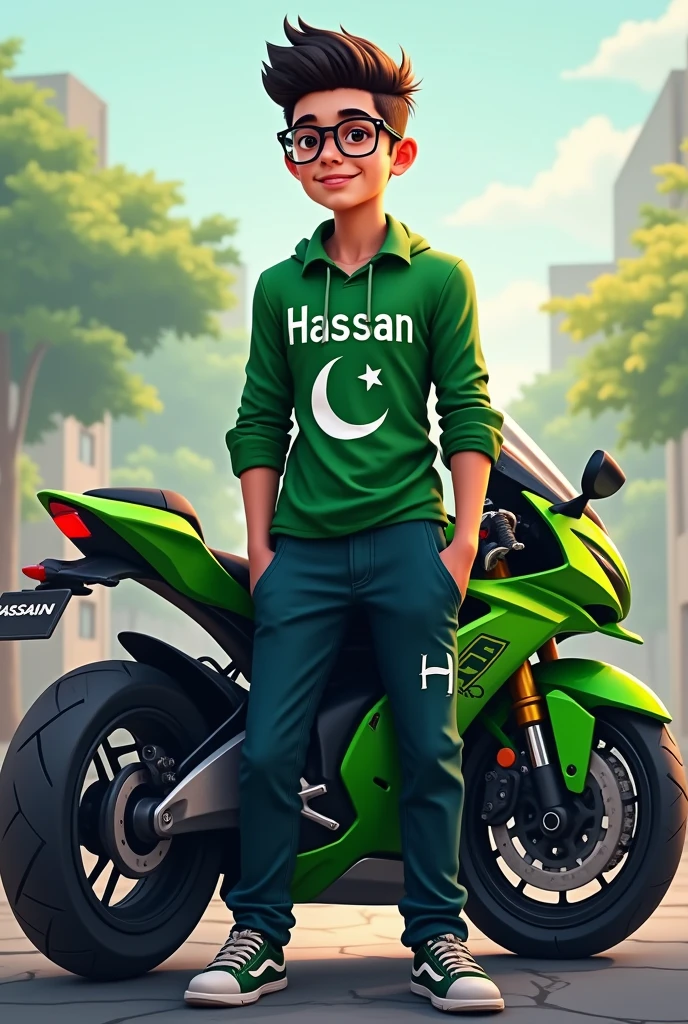 ×
SeaArt
wearing a green colour shirt with name hassan
and dark blue paint with pakistani flag about 20 years old boy wearing
black glasses
standing with sport bike which green colour