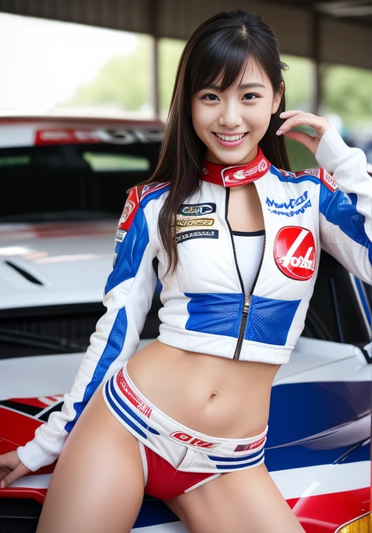 (masterpiece: 1.3), (8k, Realistic, RAW Photos, Highest quality: 1.4), 20歳の美しい日本人女性のRacing Driver, Ultra Detail Face, Eye on the details, double eyelid, Sharp focus: 1.2, Beautiful woman: 1.4, Highest quality, masterpiece, Ultra-high resolution, (Realistic: 1.4), Ahegao, Shining Sweat, thin, Racing Driver, Racing Suits, Shining Sweat, thin, Serious expression, smile、On the racing circuit, ((Perfect beauty)), Slim legs,front, Mid Shot, Slim legs, Slim thighs