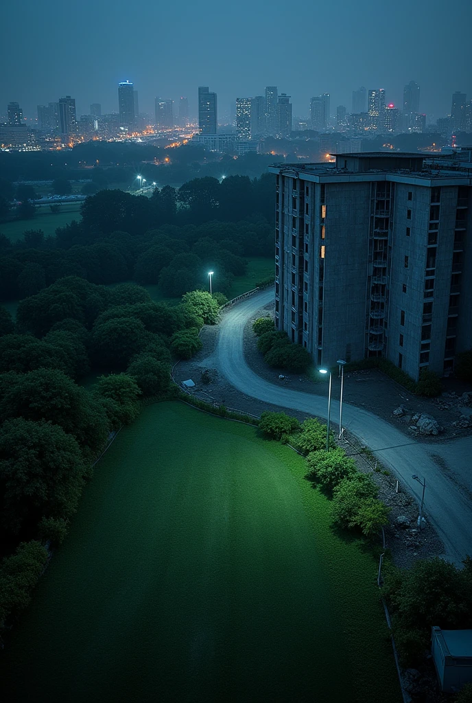 night time HD view of a under construction residential area with a lawn and a building, taken with a canon dslr camera, taken with my nikon d 3, distant shot birds eye view, taken with a canon eos 5d, taken with a canon eos 5 d, landscape view, taken with sony a7r camera, a wide shot, long shot view, bird's eye view, city