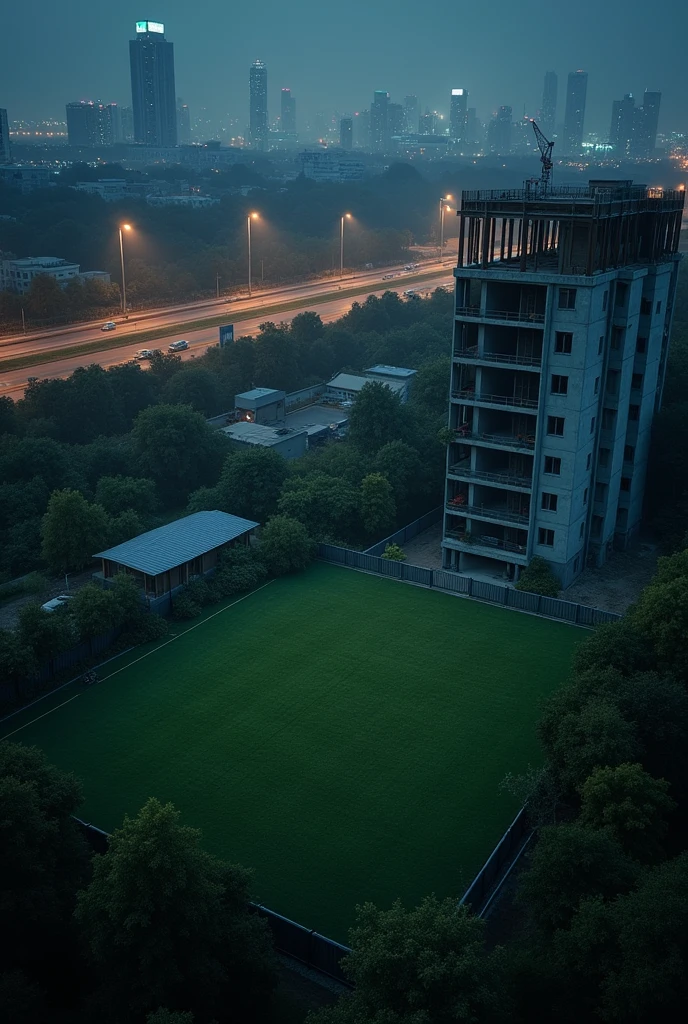 night time HD view of a under construction residential area with a lawn and a building, taken with a canon dslr camera, taken with my nikon d 3, distant shot birds eye view, taken with a canon eos 5d, taken with a canon eos 5 d, landscape view, taken with sony a7r camera, a wide shot, long shot view, bird's eye view, city