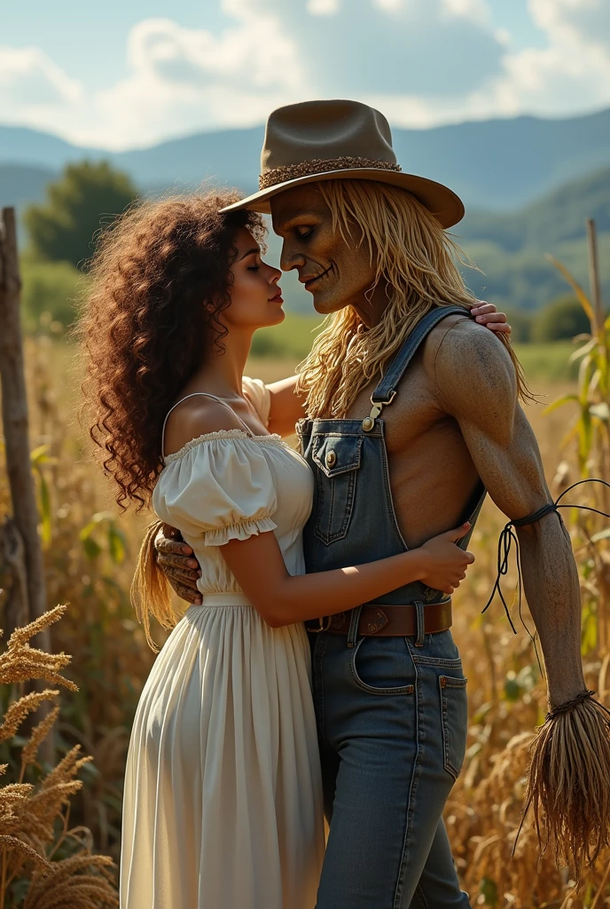 (photorealism:1.2), una sexy curly brown hair woman, dressed as a farmer's daughter, dancing embraced with a scarecrow