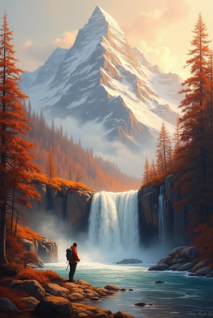 Oil landscape of snowy mountains in ochre and reddish tones, Waterfalls and fisherman on the shore