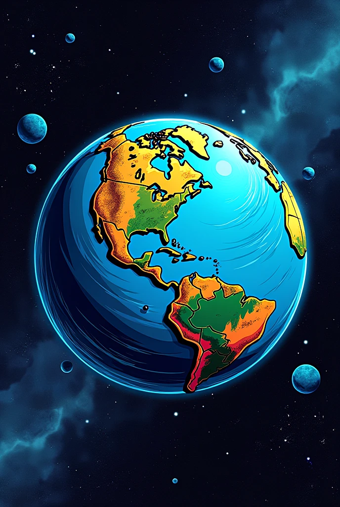 A comic book style image of Earth as seen from space, in the style of the 90s, without the flames.