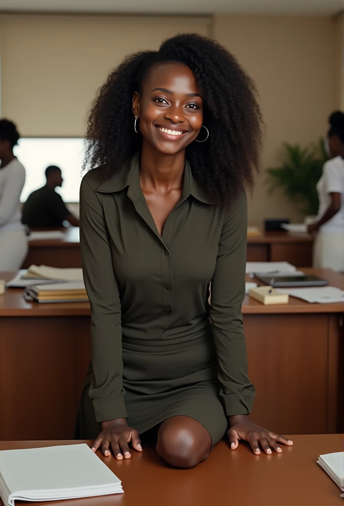 (premier travail:1.1), (photoréalisme:1.1), (1fille), ivoirienne les cheveux africain et ondulés Belle femme et souriante Fond simple marron ou beige de travail, cheveux différents, A genou, Face à la clientèle carrément, sereine, ((portrait complet du corps)), femme secrétaire, (coller), photographie détaillée, très détaillé, 8k, Face à la caméra, Résolution 8K, (de beaux yeux parfaits), brillant, HDR, 8k, netteté, Eye-liner foncé, rouge à lèvres, les gens en arrière-plan, photo colorée, faible profondeur de champ, lumière naturelle, (des mains parfaites), Visage parfait, cheveux humides, yeux sérieux, contraste, salle de réunion, peau texturée, pores froids de la peau, gigapixel, pieds visibles, visage impeccable, accéder, détails fous,