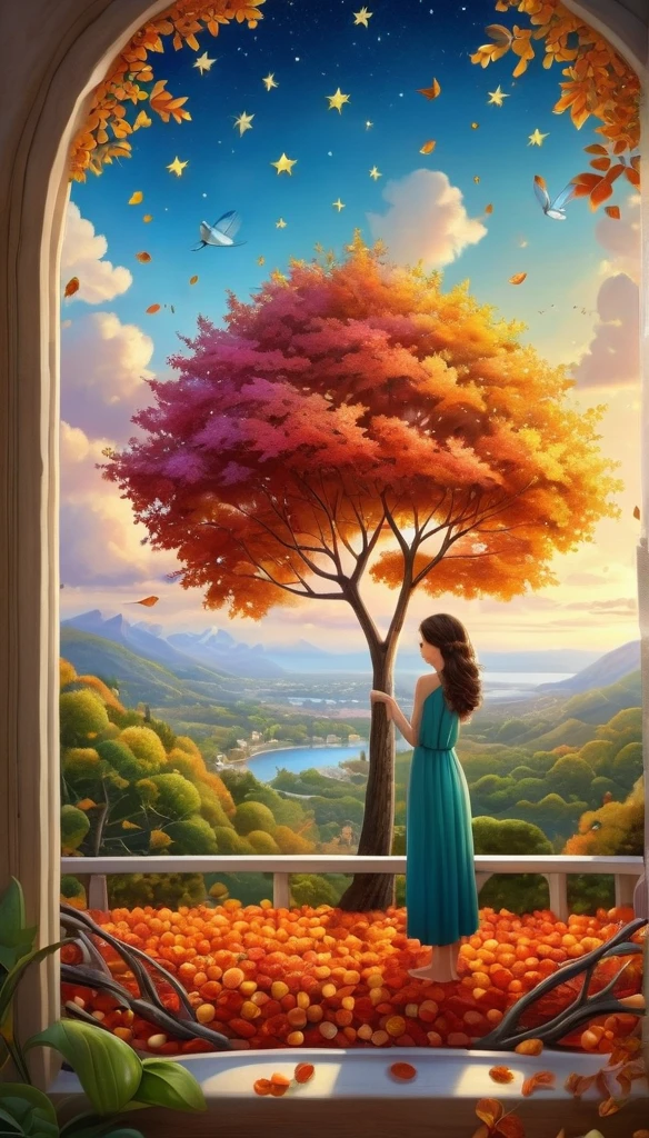 neutral color, protect, matte painting, piece of glass, Broken glass effect, vivid bright colors, natural light, Iwona Lifsches and Catherina Abel Figurative Art : Adorable digital artwork in the style of Andy Kehoe and Jasmine 3 Griffith, color sketch hardwood. colorful leaves on trees, sunset, starry sky, white clouds, extreme enlargement, fantasy realism, fascinating, HDR, very detailed photorealistic 3d digital art, , Acai Miki Macro Photography, enlargement, very detailed, Art Station Trends, sharp focus, studio photography, intricate details, very detailed, Greg Rutkowski(Greg Rutkowski), occult