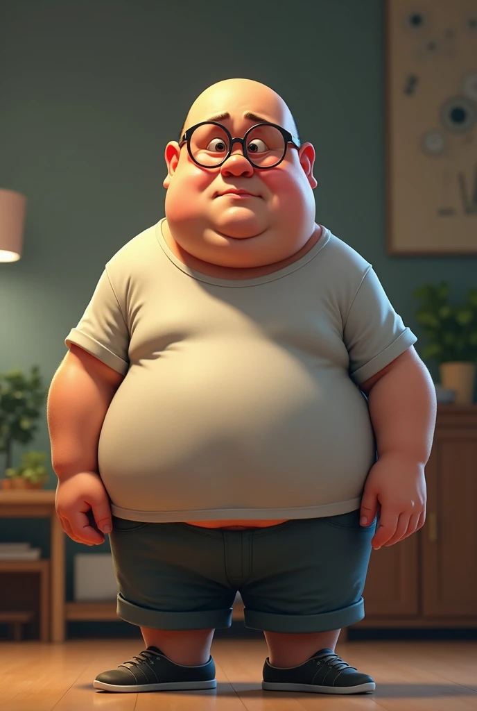 A 30-year-old brother who is bald, fat, short, and wears glasses