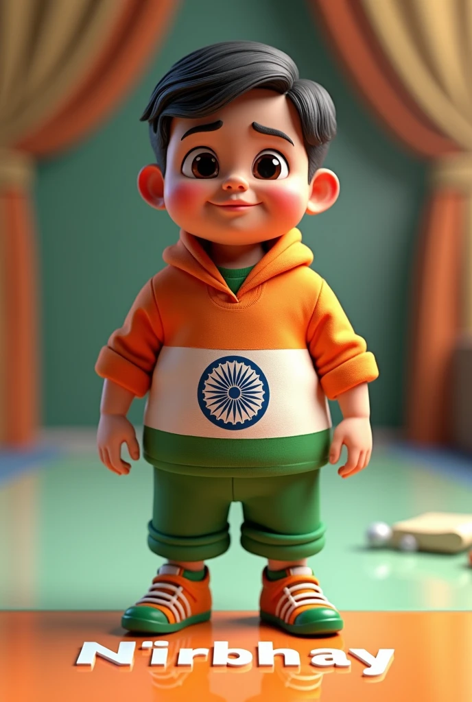 create a 3d realistic image of a fat boy wearing clothes of Indian flag and he is posing and his nirbhay name is clearly written in bold letters on the white glossy floor below, and the background view is blurred with the colors of Indian flag, make sure the name should be visible and correct. Create high quality images.