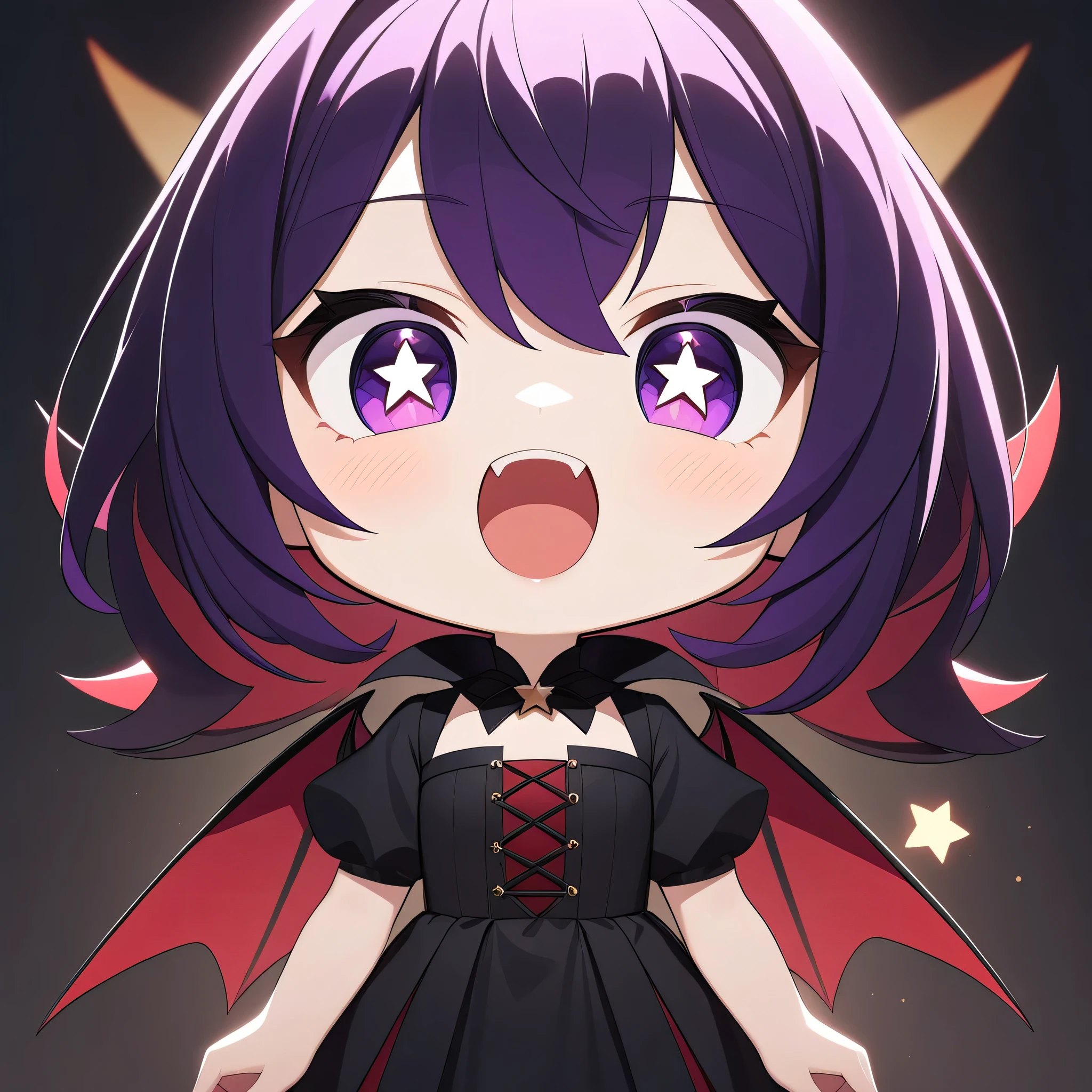 chibi vampire girl, detailed eyes, excited expression, star-shaped eyes, black dress, purple and black color palette,  shadows, digital art, octane render, cinematic lighting, 